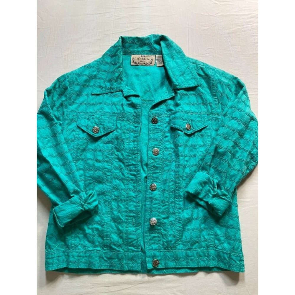 Life Style Petite Turquoise Embroidered Cotton Jacket Silver Concho Buttons PS